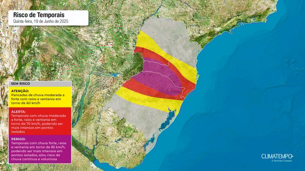 Figura 1- Mapa de risco para essa quinta-feira 19 de junho de 2025. Fonte: Climatempo.