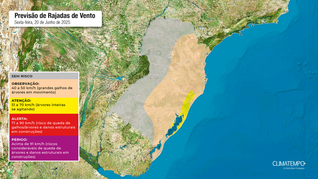 Figura 2- Mapa de rajadas de vento previstas para essa sexta-feira 20 de junho. Fonte: Climatempo