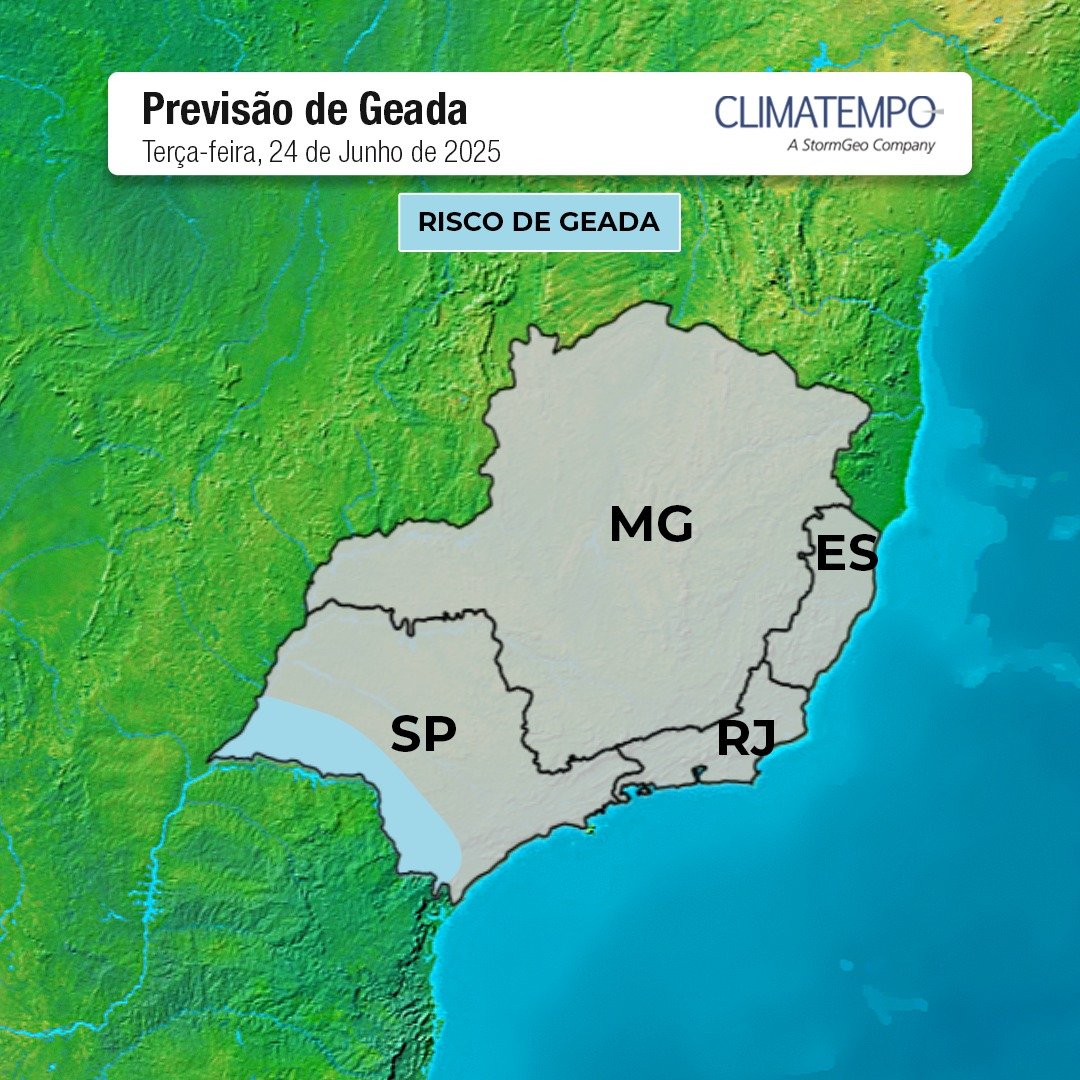 Figura 3: Mapa de previsão de geada para essa terça-feira 24 de junho de 2025. Fonte: Climatempo.