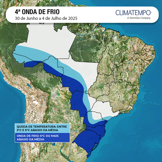 Áreas de atuação da quarta onda de frio de 2025 (Fonte: Climatempo)