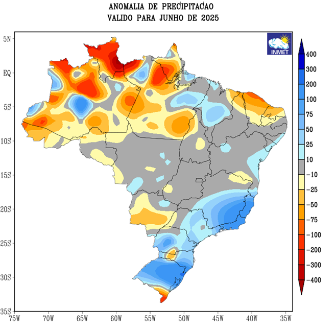 Anomalia (diferença em relação à media) de chuva em junho superou os 100 mm em muitas áreas da região Sul