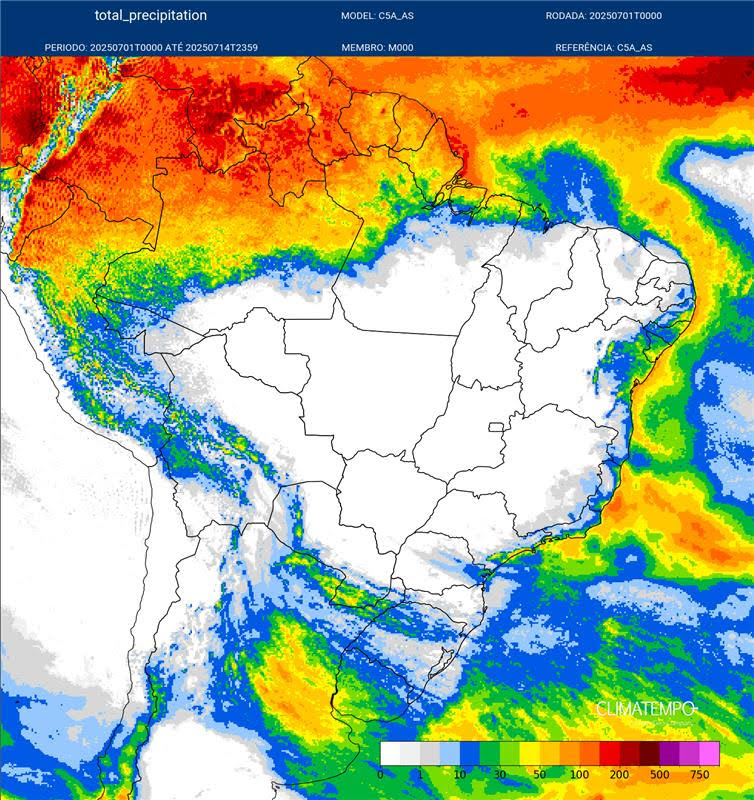 Volume de chuva estimado oara o período de 1 a 15 de julho de 2025