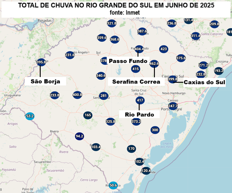 Total de chuva acumulado no RS em junho de 2025 supereou os 300 mm em grande parte do estado.