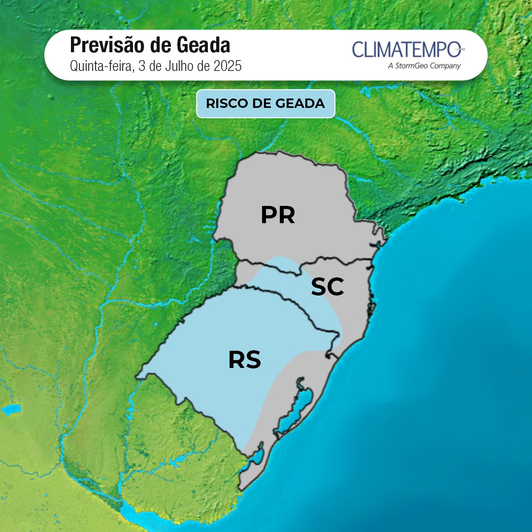 Risco de geada no Sul do Brasil para 3/7/25