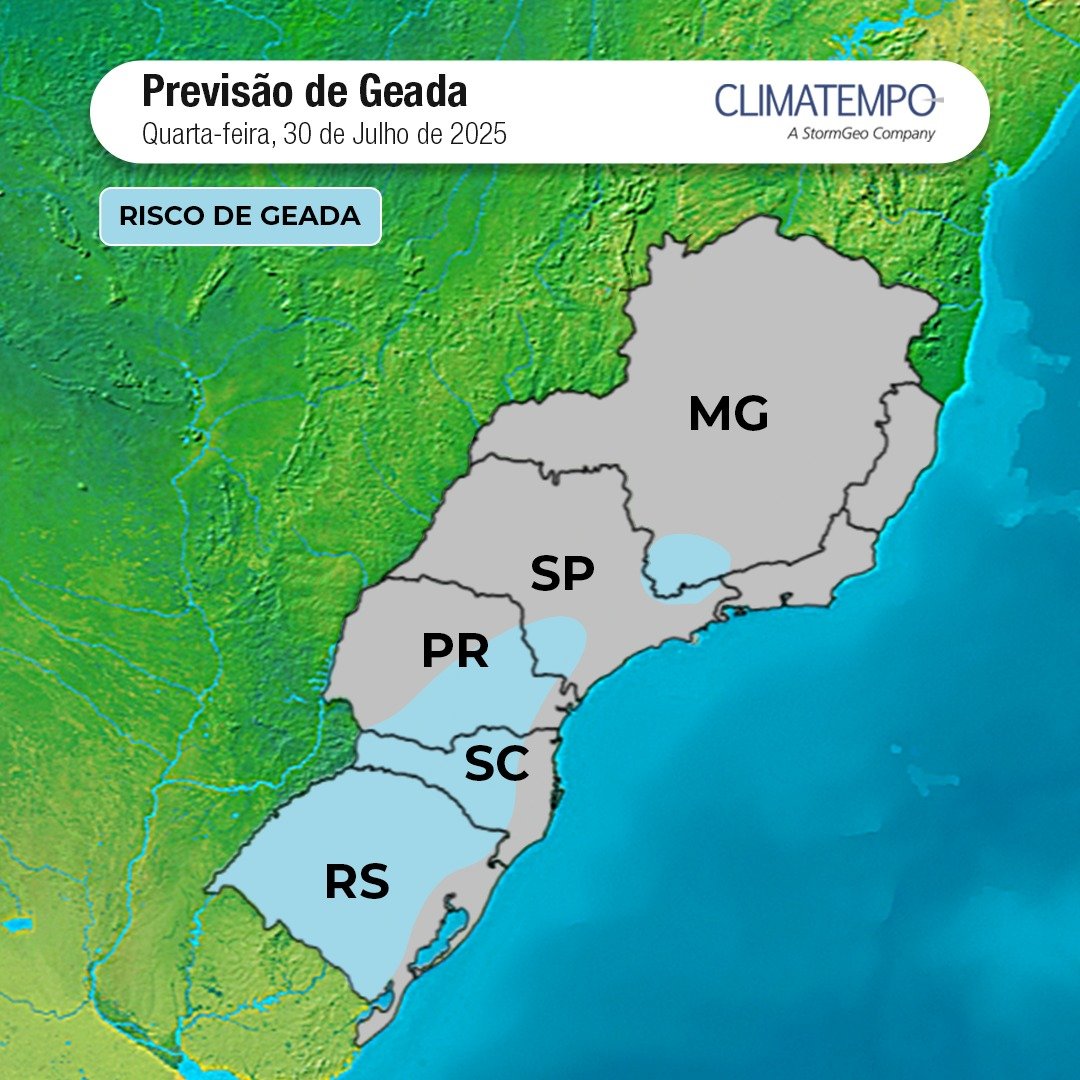 Imagem Quarta gelada: risco de geada no Sul e parte do Sudeste
