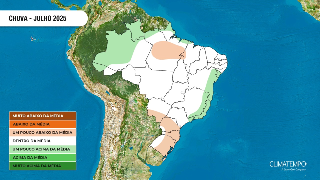 Estimativa da anomalia (diferença em relação à média normal) da precipitação no Brasil em julho de 2025