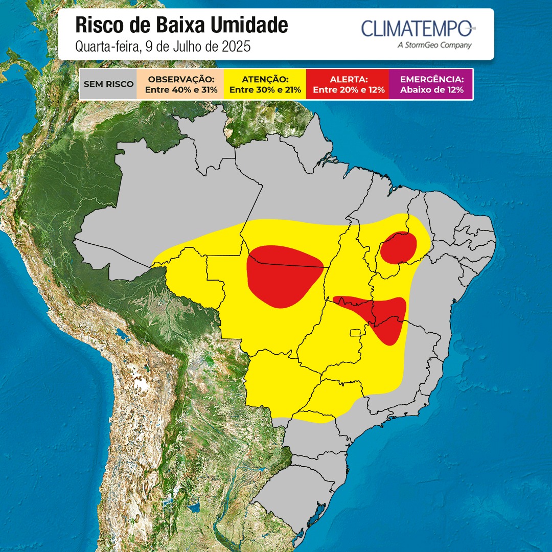 Risco de baixa umidade relativa do ar para esta quarta-feira, 9 de julho