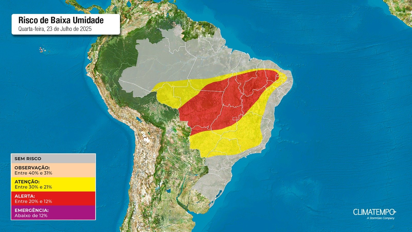 Figura 1- Mapa de risco para umidade nesta quarta-feira 23 de julho de 2025. Fonte: Climatempo.