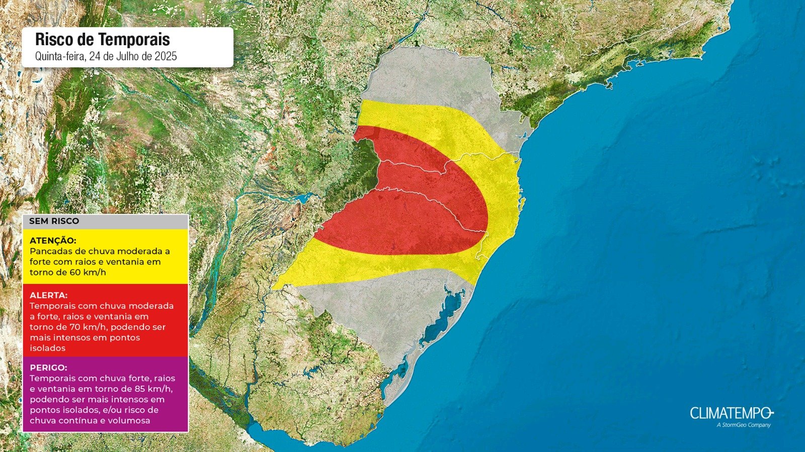 Figura 1- Mapa de risco desta quinta-feira 24 de julho de 2025. Fonte: Climatempo
