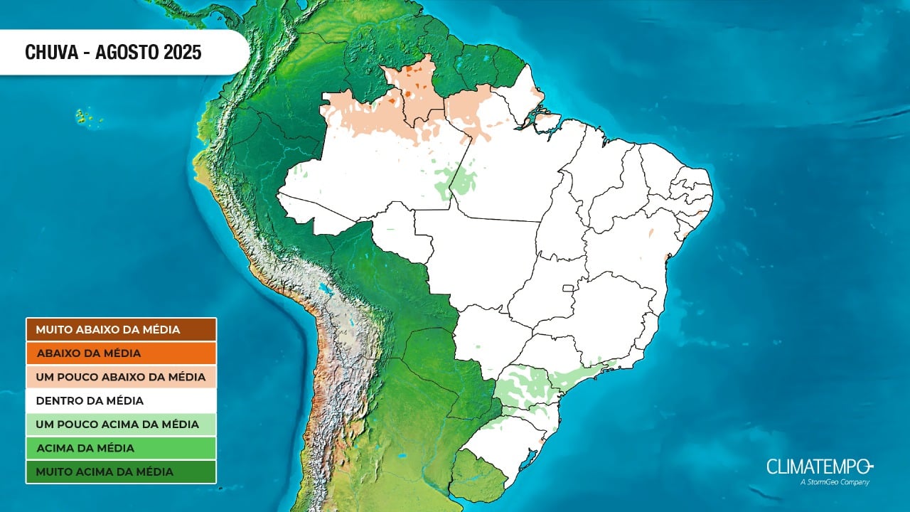 Tendência do volume de chuva nio Brasil em agosto de 2025: chuva um pouco acima do normal em áreas do Sul, do Sudeste e do Centro-Oeste