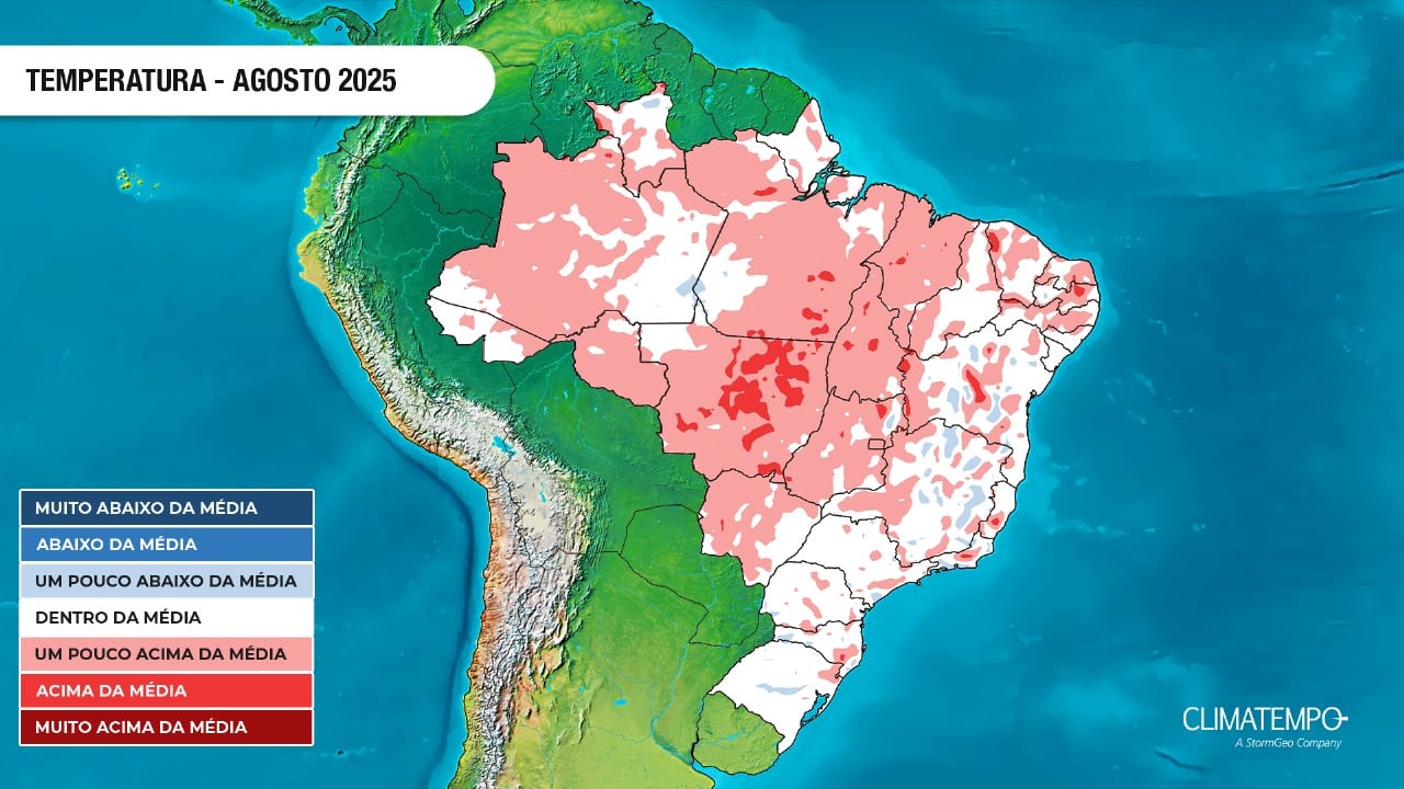 Tendência da temperatura no Brasil em agosto de 2025: risco de onda de calor no CO e interior do SE