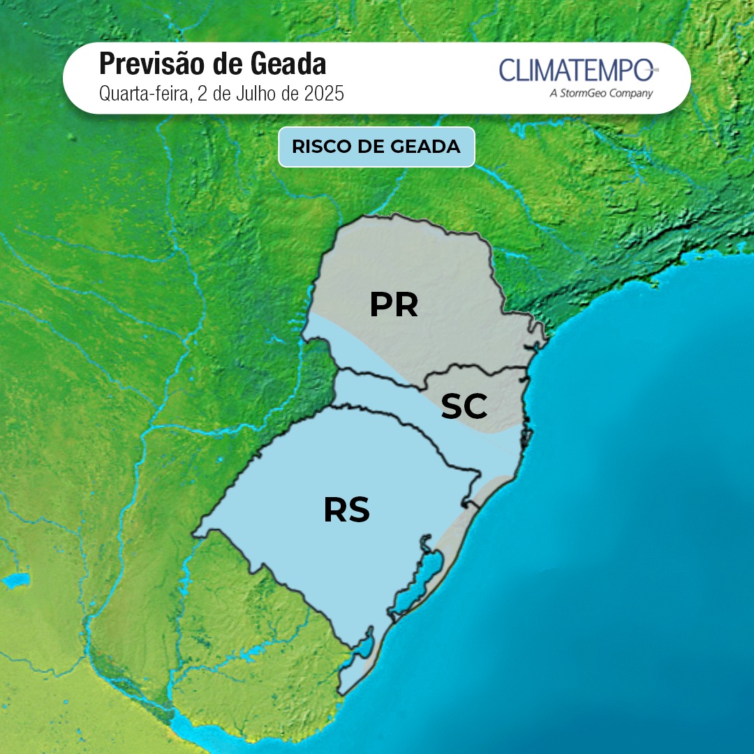Frio intenso no Brasil: áreas em azul claro podem ter geada em 2/7/2025