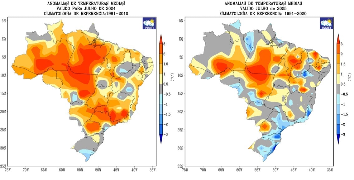 Comparação emtre a anomalia de temperatura no BR em julho de 2024 e de 2025