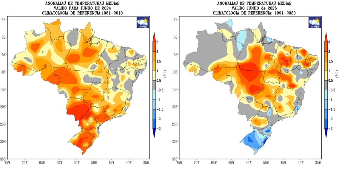 Comparação entre a anomalia de temperatura média no BR em junho de 2024 e de 2025 