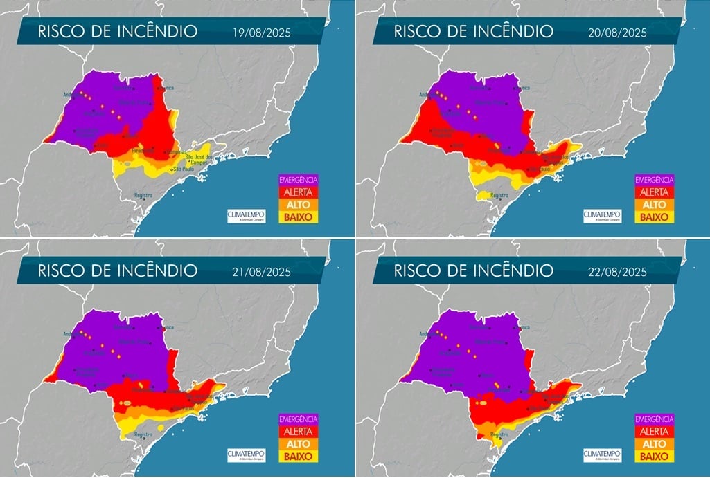 Risco de incêndio no estado de SP entre 19 e 22 de agosto de 2025