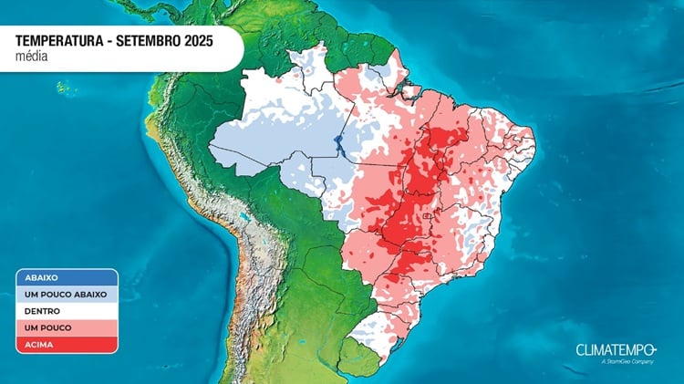 Anomalia da temperatura média no Brasil em setembro de 2025