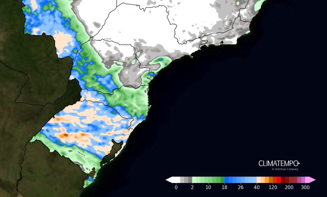 Figura 2- Mapa de acumulado de chuva previsto entre 02 de agosto de 2025 e 06 de agosto de 2025. Fonte: Climatempo.