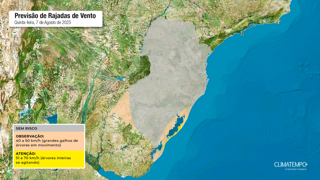 figura 2 - Mapa de risco para rajadas de vento nesta quinta-feira 07 de agosto de 2025. Fonte: Climatempo.