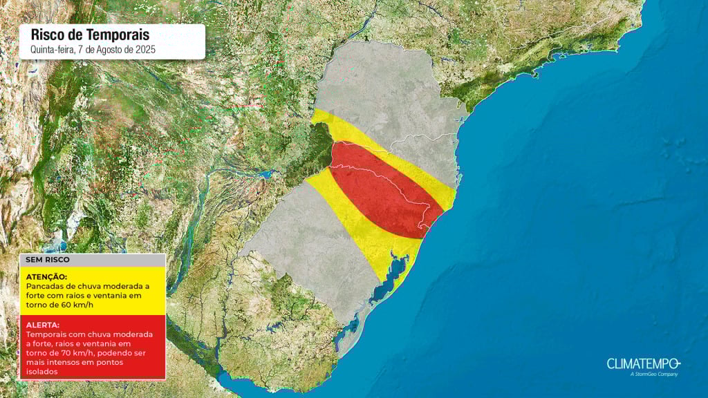 Figura 1- Mapa de risco desta quinta-feira 07 de agosto de 2025. fonte: Climatempo.