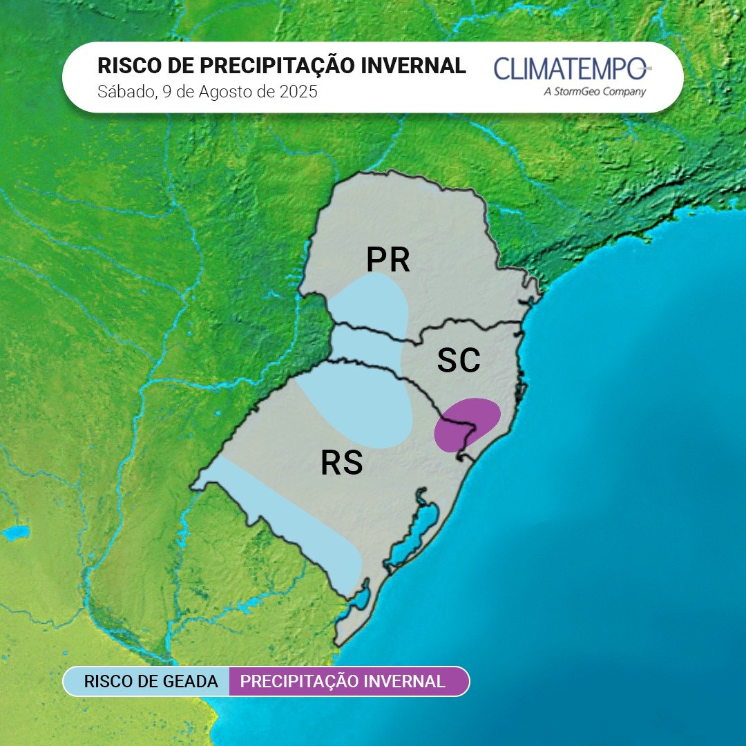 Imagem da notícia Frio intenso traz geada e chance de precipitação invernal no Sul