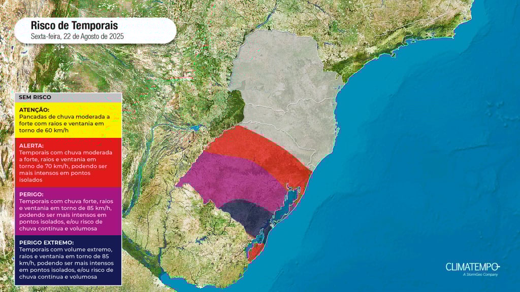 Figura 1- Mapa de risco desta sexta-feira 22 de agosto de 2025. Fonte: Climatempo.