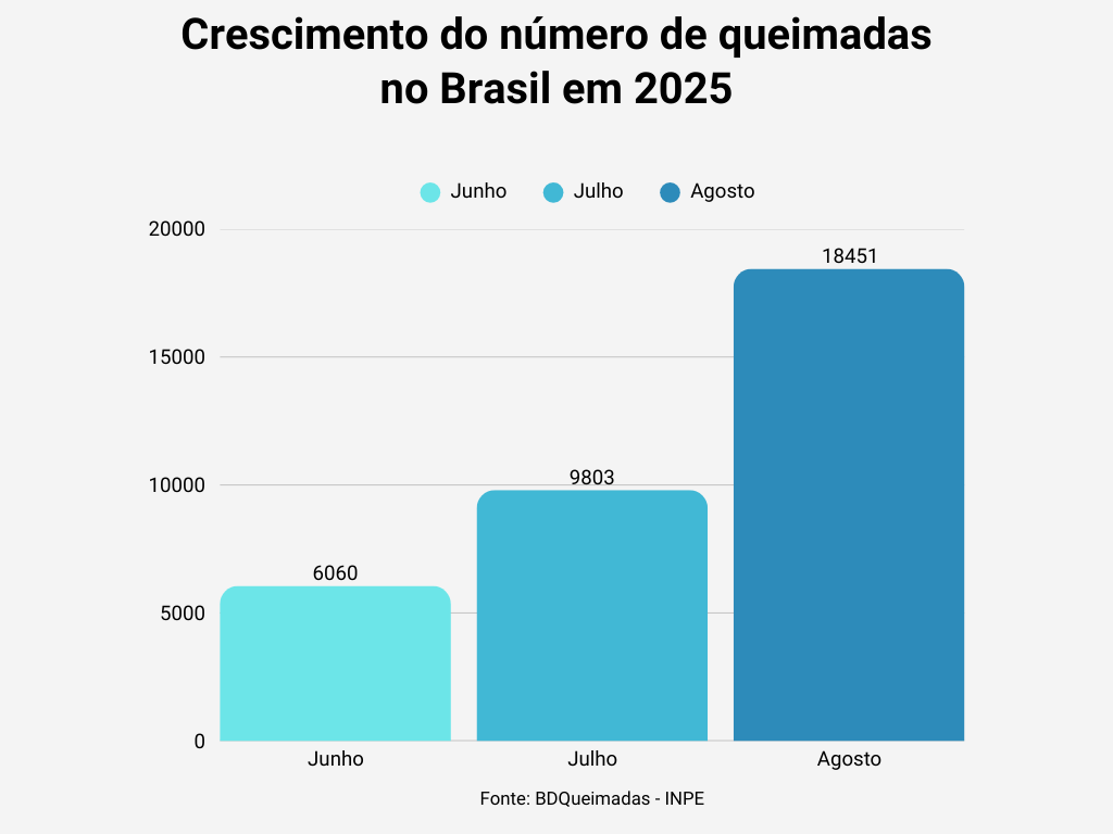 Agosto de 2025 registrou 18.451 focos de queimadas em todo o Brasil, quase o dobro do que foi observado em julho (9.803 focos) e três vezes mais que em junho (6.060 focos)