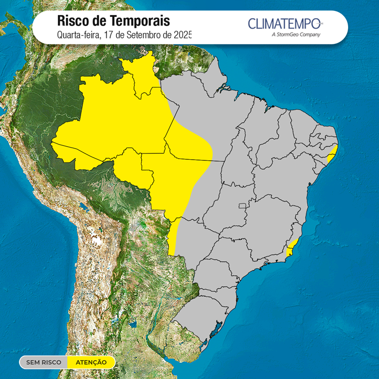 As áreas em amarelo indicam regiões onde há maior chance de chuva no dia 17/9/25