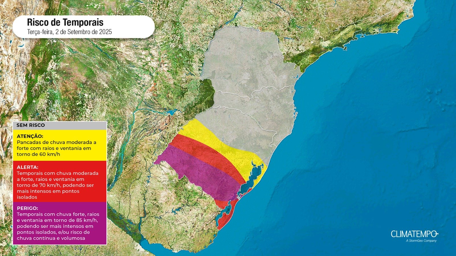 Figura 1- Mapa de risco para essa terça-feira 02 de agosto de 2025. Fonte: Climatempo
