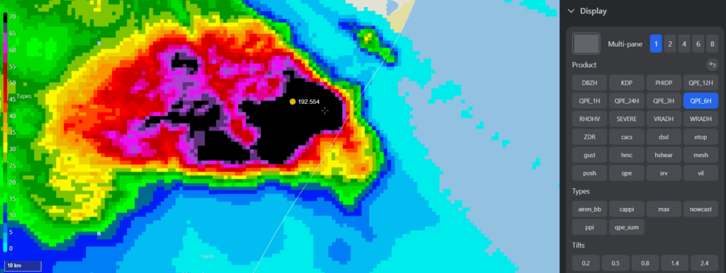 Em 29 de maio de 2025, o radar meteorológico da Climatempo em Porto Alegre registrou, pelo produto QPE acumulado em 6 horas, mais de 150 mm de chuva sobre a localidade do Beco da Solidão, no município de Mostardas.