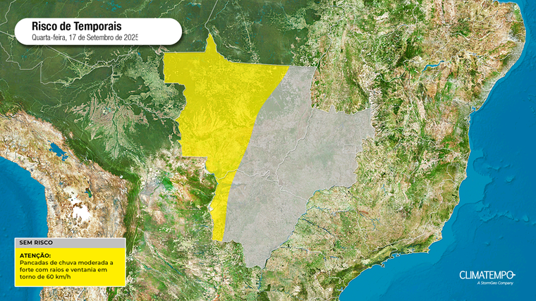 Áreas em amarelo têm maior possibilidade de pancadas de chuva em 17/9/25