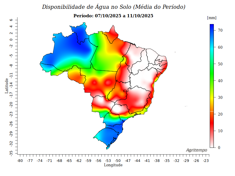 Disponibilidade de água no solo no Brasil entre 7 e 11 de outubro de 2025.
