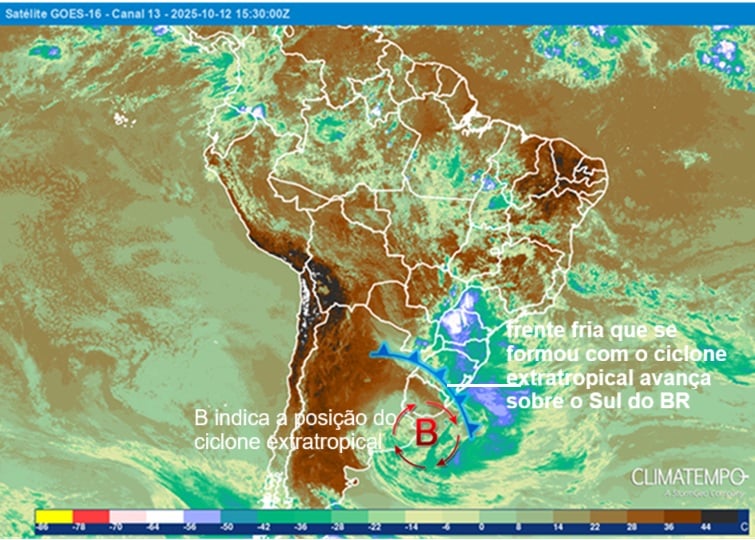 Ciclone extratropical e frente fria se formaram entre 11 e 12 de outubro de 2025 causando vento forte e chuva forte no Sul do Brasil.