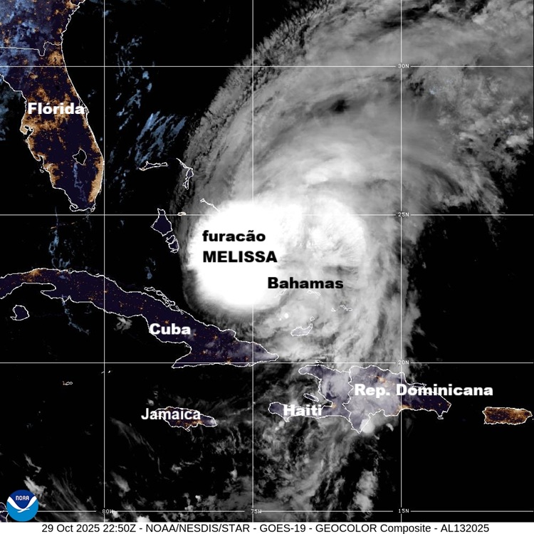 Furacão Melissa avançava sobre a Bahamas na noite de 29/10/25