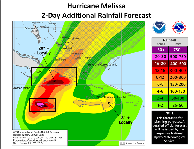 Previsão do volume de chuva do furacão Melissa entre 9h de 28/10/25 e 21h de 30/10/25 (hora de Brasília)