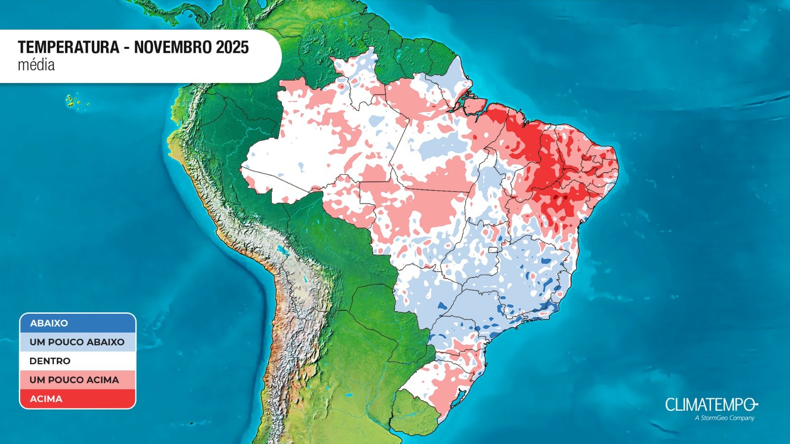 Anomalia da temperatura média no Brasil estimada para novembro de 2025: tons de azul indicam temperatura abaixo da média e, tons de vermelho, temperatura acima da média.