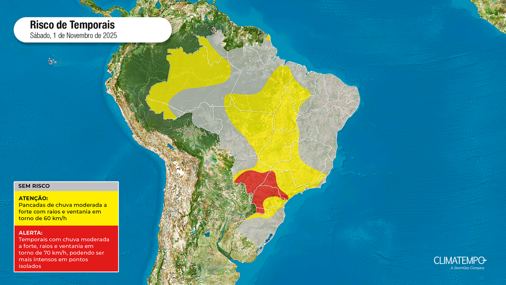 Áreas em vermelho represetam locais com maior potencial para temporais em 1/11/25