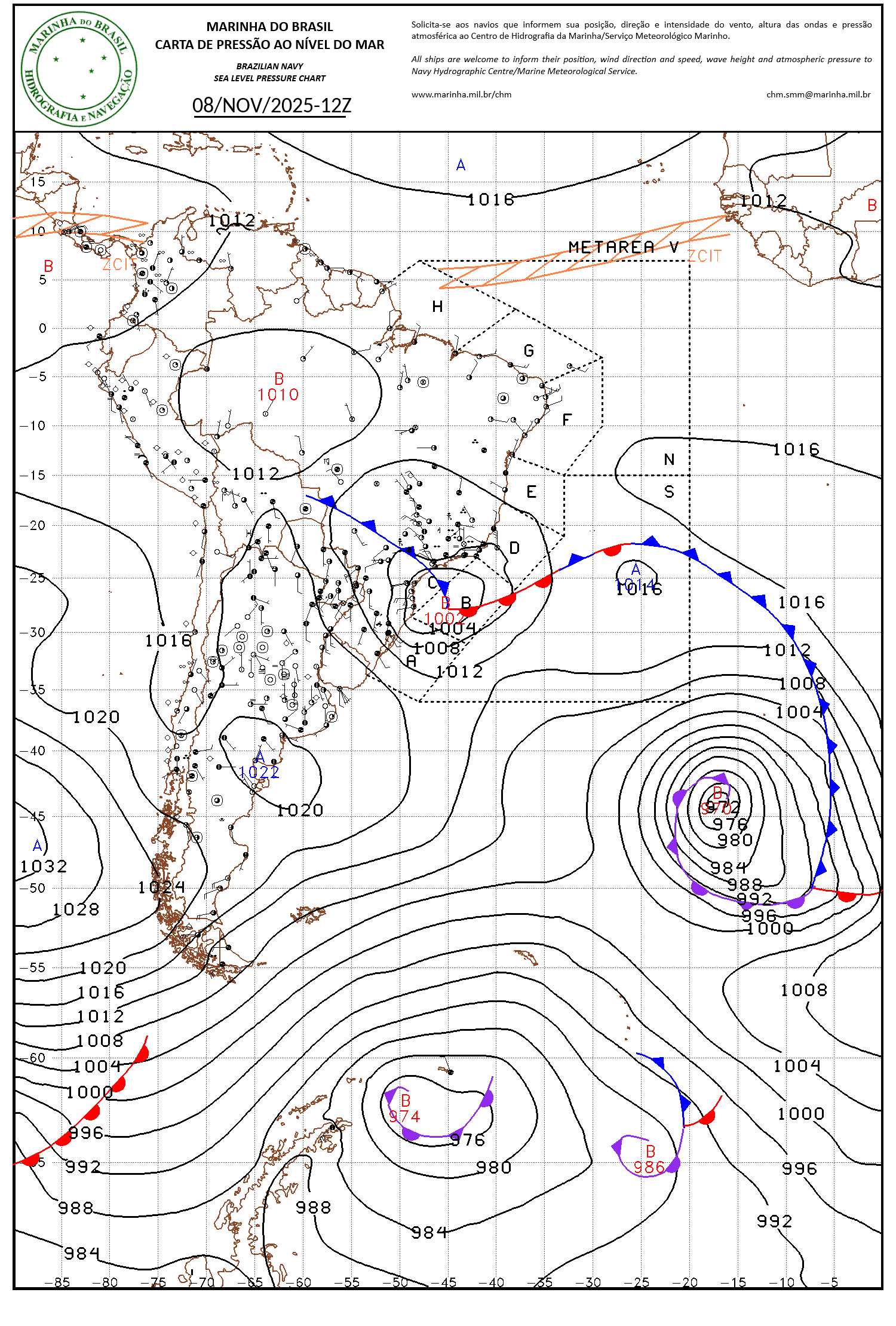 Carta meteorológica elaborada pela Marinha do Brasil mostra posição da frente fria no interior do Brasil e ciclone extratropical na costa de SP e RJ, às 9h de 8/11/25 (12 UTC)