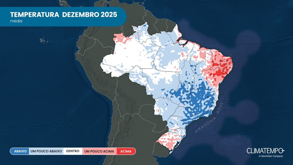 Anomalia da temperatura média no Brasil estimada para dezembro de 2025: tons de azul indicam temperatura abaixo da média e, tons de vermelho, temperatura acima da média.