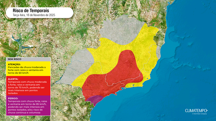 Risco de temporais no Sudeste do Brasil em 18/11/25