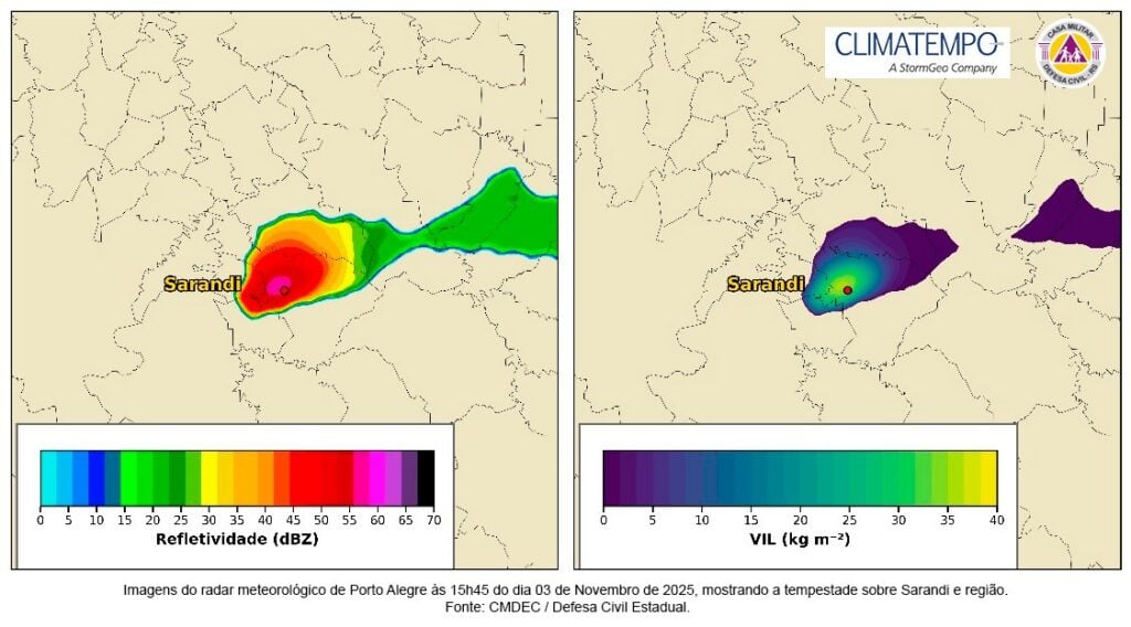 Produtos de radar de Porto Alegre Refletividade (dBZ), ZDR, RHOHV e VIL