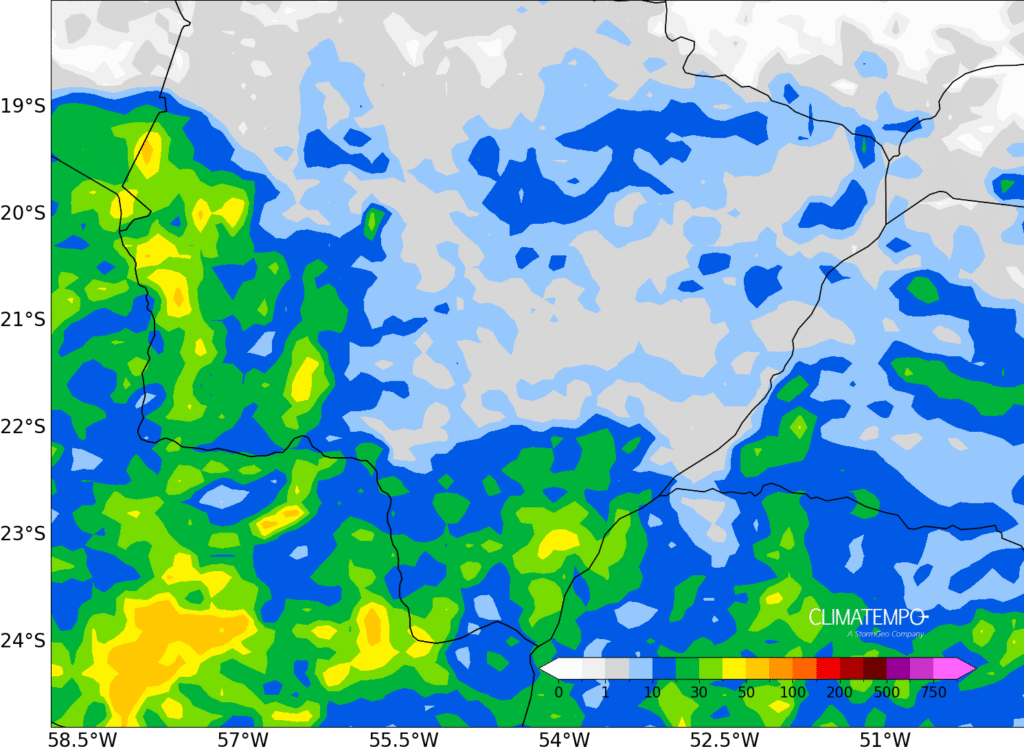 Previsão de chuva acumulada para o dia 16/11 (domingo) para o estado do Mato Grosso do Sul.