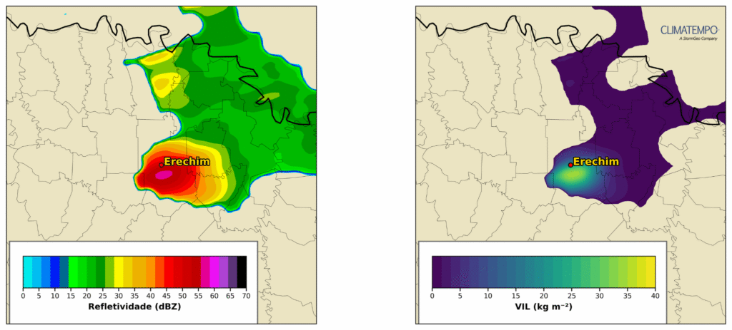 Figura 1: Imagens do radar meteorológico de Porto Alegre às 16h45 do dia 23 de novembro de 2025, mostrando a tempestade de granizo sobre Erechim. Na esquerda temos a refletividade (dBZ) e na direita a massa de água integrada verticalmente (VIL).Fonte: Climatempo e CMDEC / Defesa Civil Estadual.