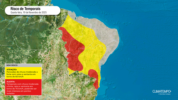 Mapa de risco de chuva forte no Nordeste para 19/11/25