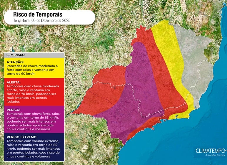 Risco de temporais na região Sudeste para 9/12/25 