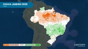 Janeiro deverá contar com a ocorrência de períodos de chuva intensa, intercalados com sequência de dias mais abertos.