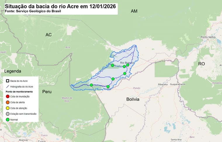 Situação do nível dos rios da bacia do rio Acre, na manhã de 12/01/2026