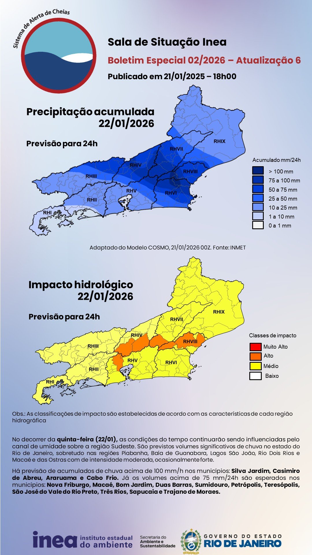 Volumes de chuva previstos pelo INEA para o RJ, para 22/1/2026