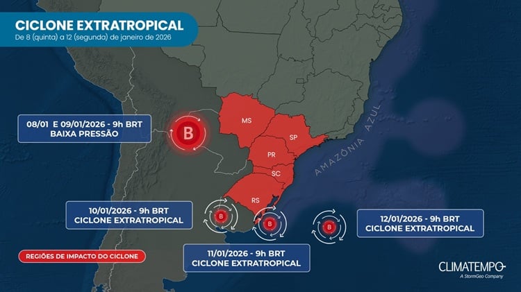 Previsão do deslocamento do centro de baixa pressão atmosférica do ciclone extratropical, que se forma em 9/1/26