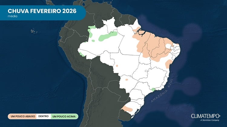 Previsão da anomalia da precipitação sobre o BR em fevereiro de 2026