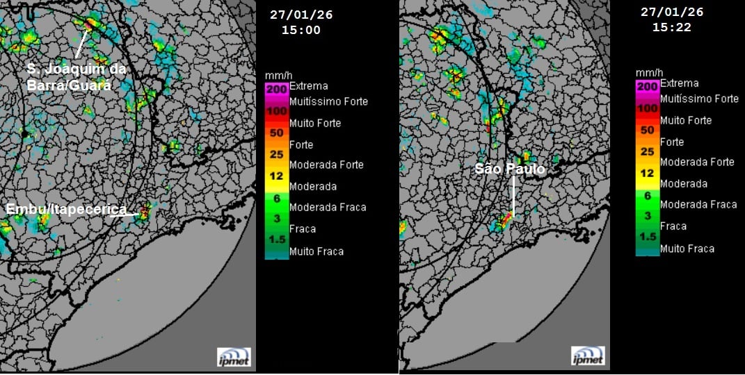 Imagens do temporal na Grande SP em 27/1/26, captado pelo radar meteorológico do IPmet/Unesp localizado em Bauru